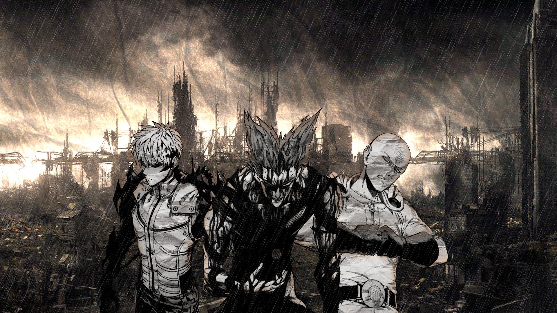 1920x1080 One Punch Man S2 HD Wallpaper: Saitama, Genos & Garou In The Rain By Bgdcaffex1080