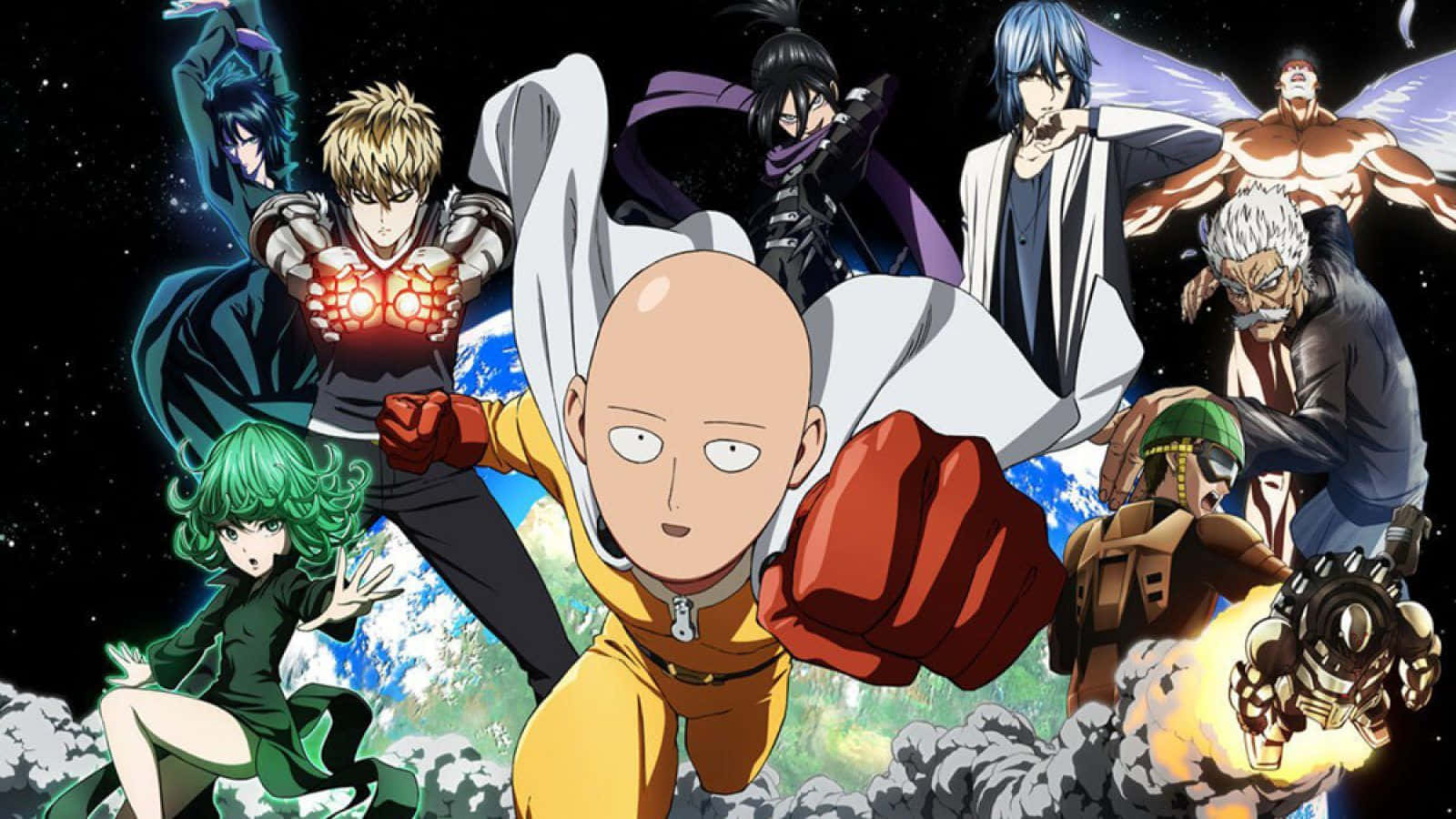 1600x900 Download One Punch Man Season 2 Poster featuring Saitama and Garou Wallpaper