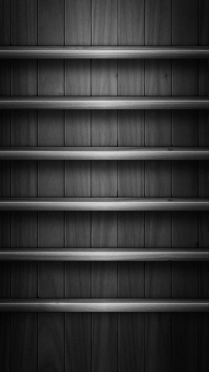 736x1308 Modern Black and White Metal Shelf with Wooden Shelves. Dark bookshelf background, Black shelf wallpaper