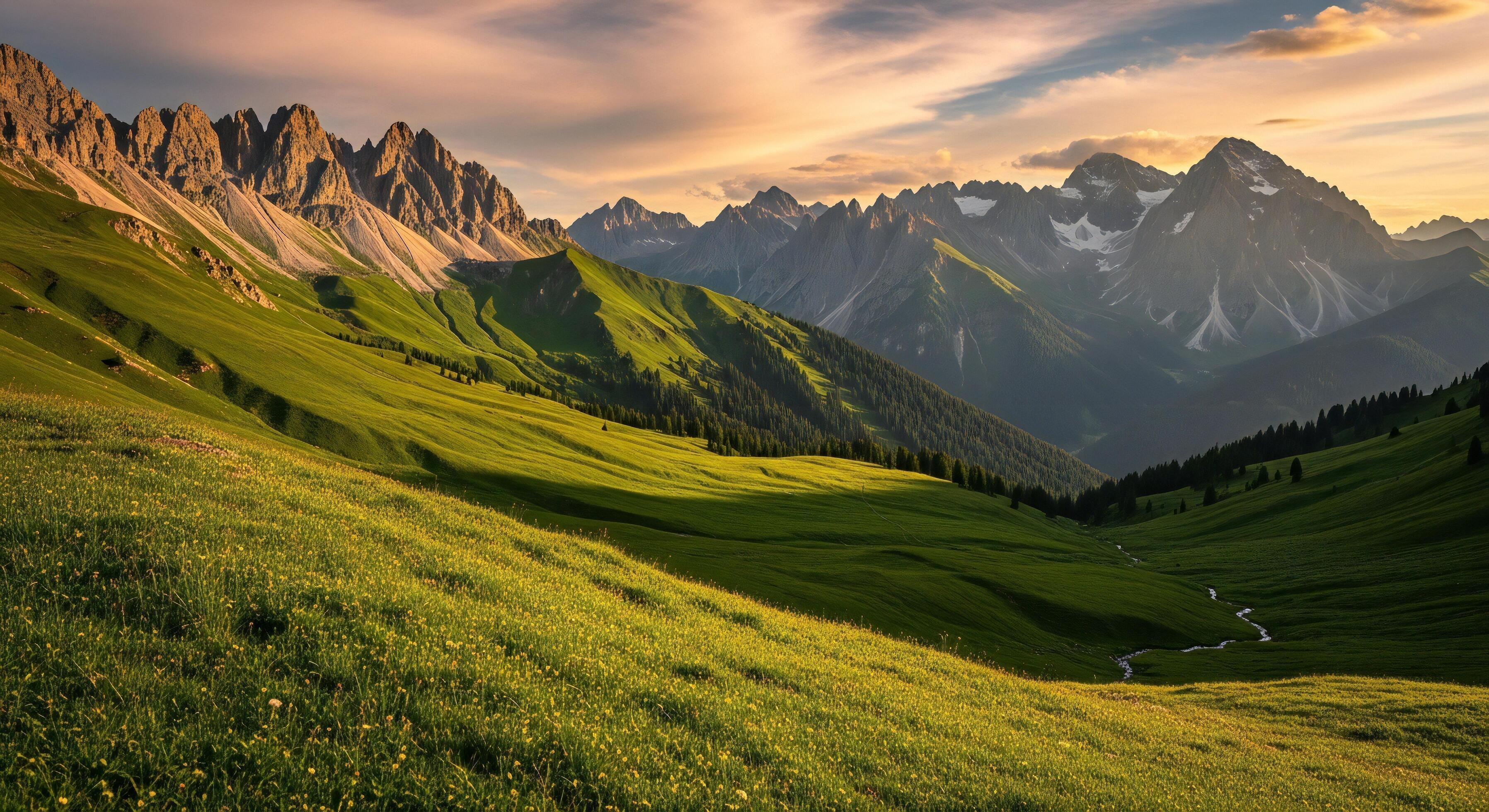 3593x1960 Nature background, Nature wallpaper, Verdant mountain landscape at sunset with sharp peaks rolling green hills and a meandering stream