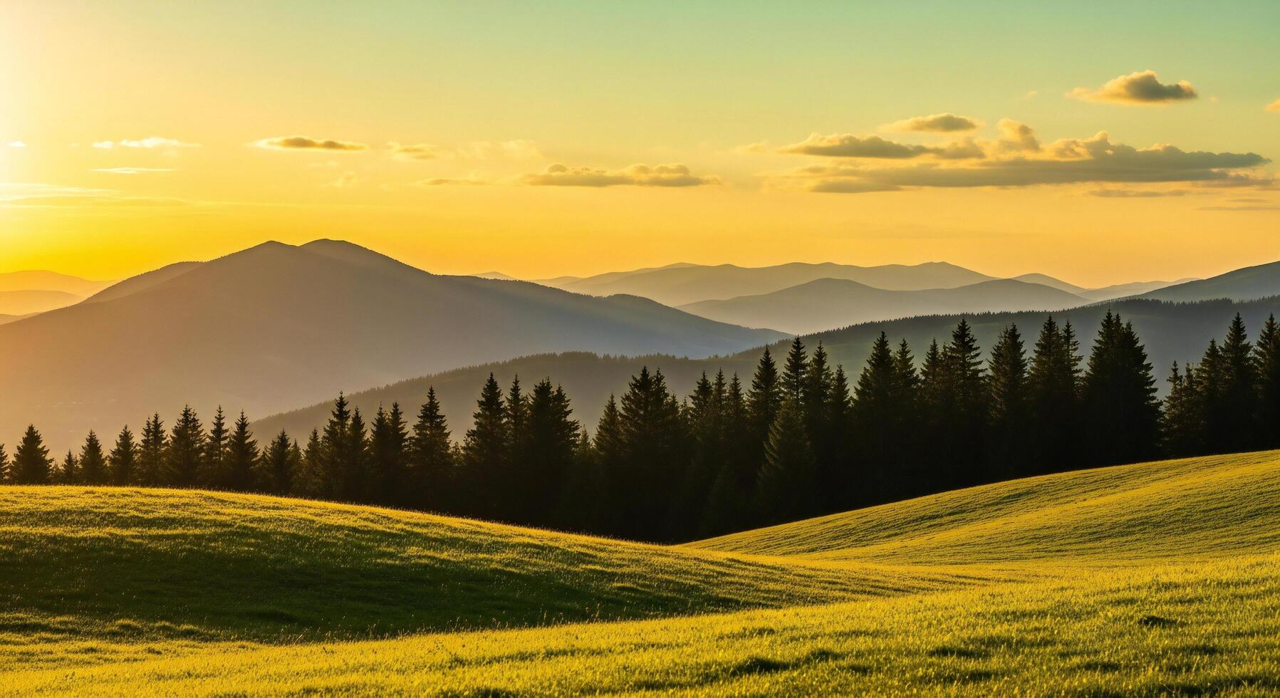 1797x980 Nature background, Nature wallpaper, Rolling green hills and evergreen forest silhouette against a warm hazy mountain sunset sky