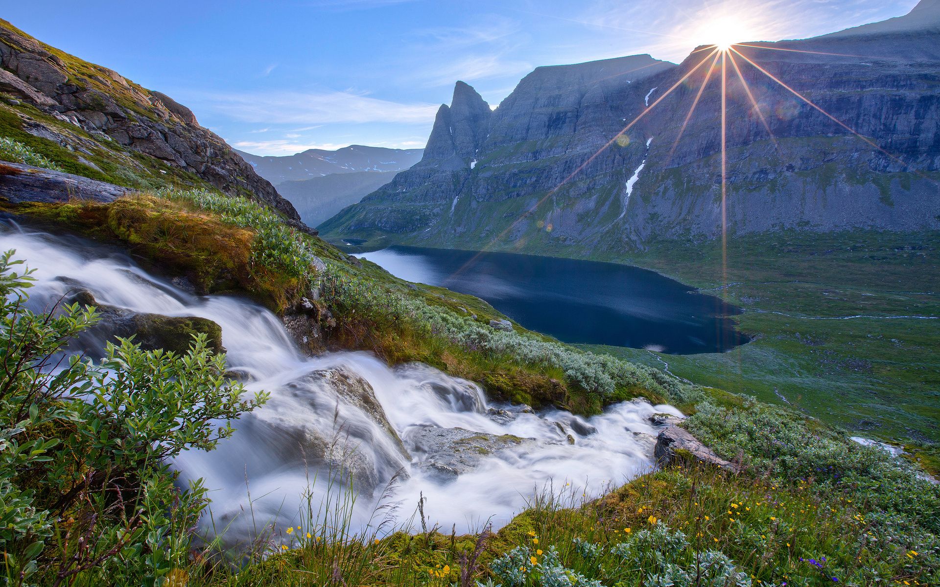 1920x1200 nature, Landscapes, Waterfall, Rivers, Stream, Water, Hill, Mountains, Lakes, Valley, Mountains, Sunrise, Sunset, Sky, Clouds, Scenic, View, Reflection Wallpaper HD / Desktop and Mobile Background