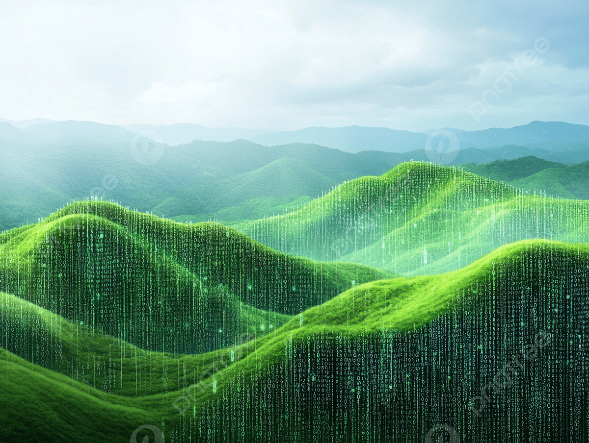 1200x904 Digital Landscape Of Green Hills And Mountains With Binary Code Rain Symbolizing The Connection Between Nature Technology, Digital, Landscape, Green Background Image And Wallpaper for Free Download