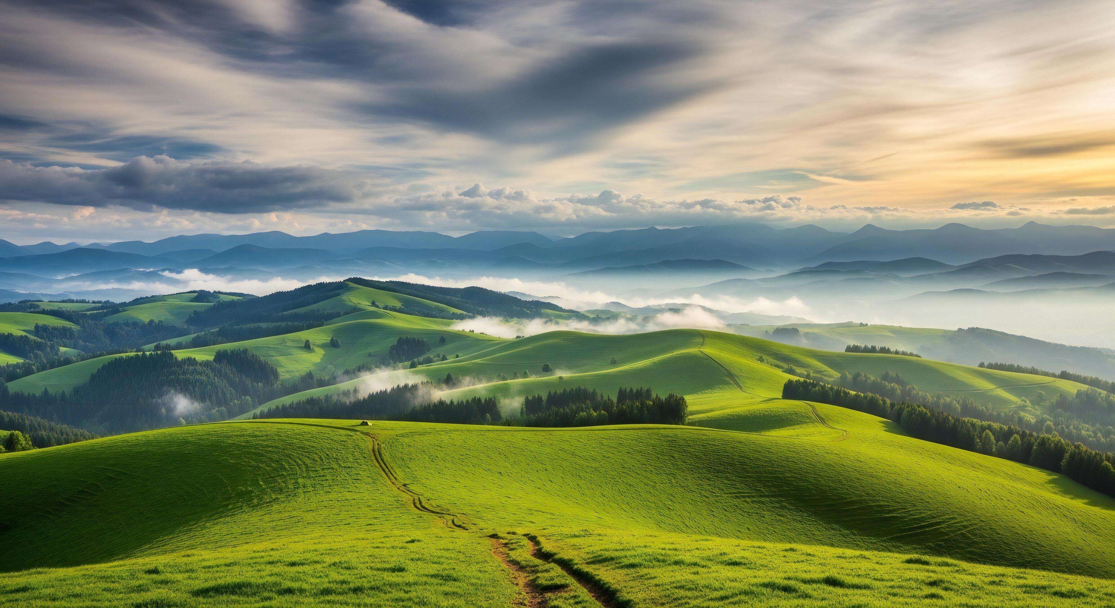 3593x1960 Nature background, Nature wallpaper, Verdant rolling hills with a winding dirt path under a dramatic sky with atmospheric mist