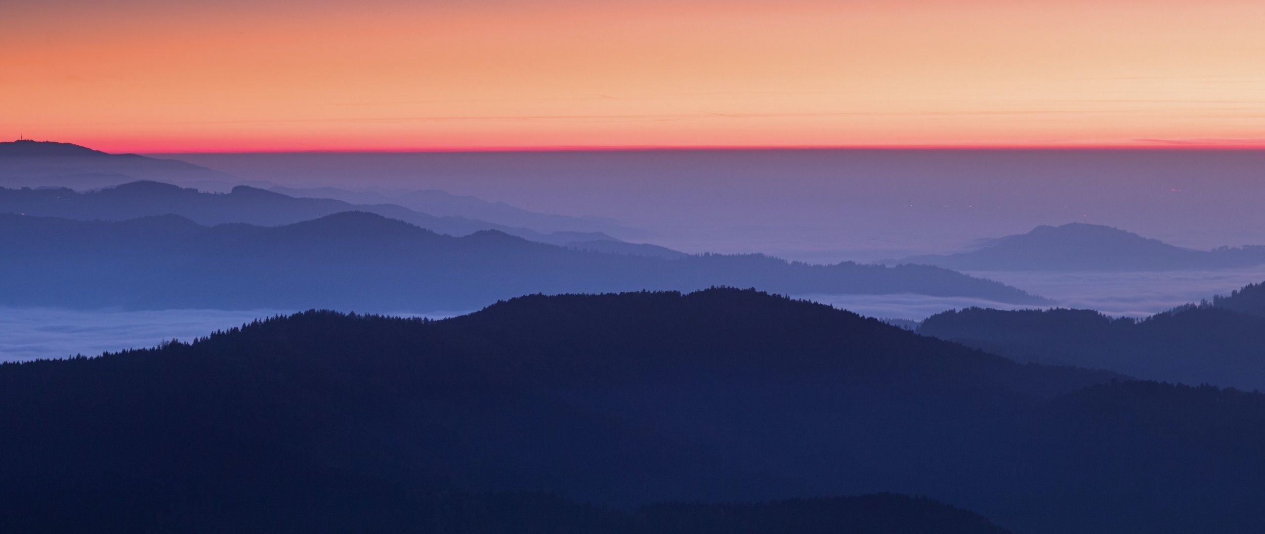 2560x1080 Sunset Orange Wallpaper 4K, Sky view, Mountains, Foggy