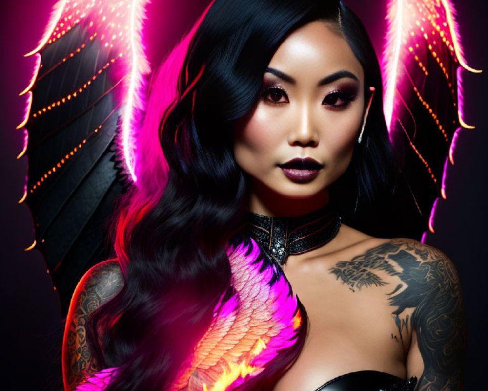 1000x800 Dark Haired Woman With Elaborate Tattoos, Black Outfit, Choker, And Fiery Wings. Deep Dream Generator