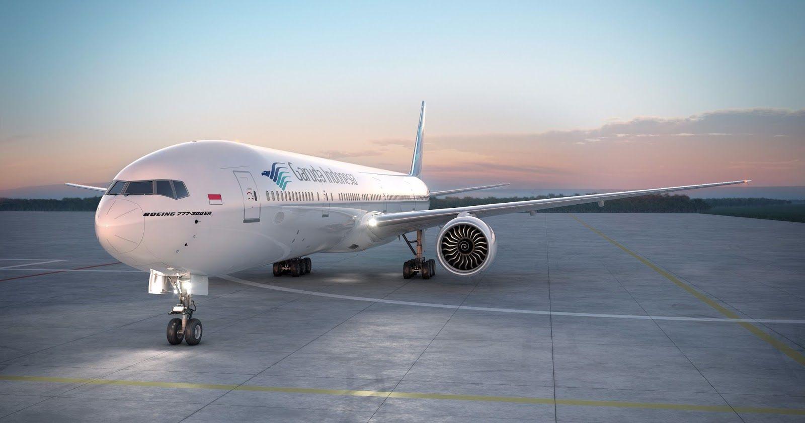 1600x841 Garuda Indonesia Boeing 777 300ER Behind Sunrise Scene. Aircraft