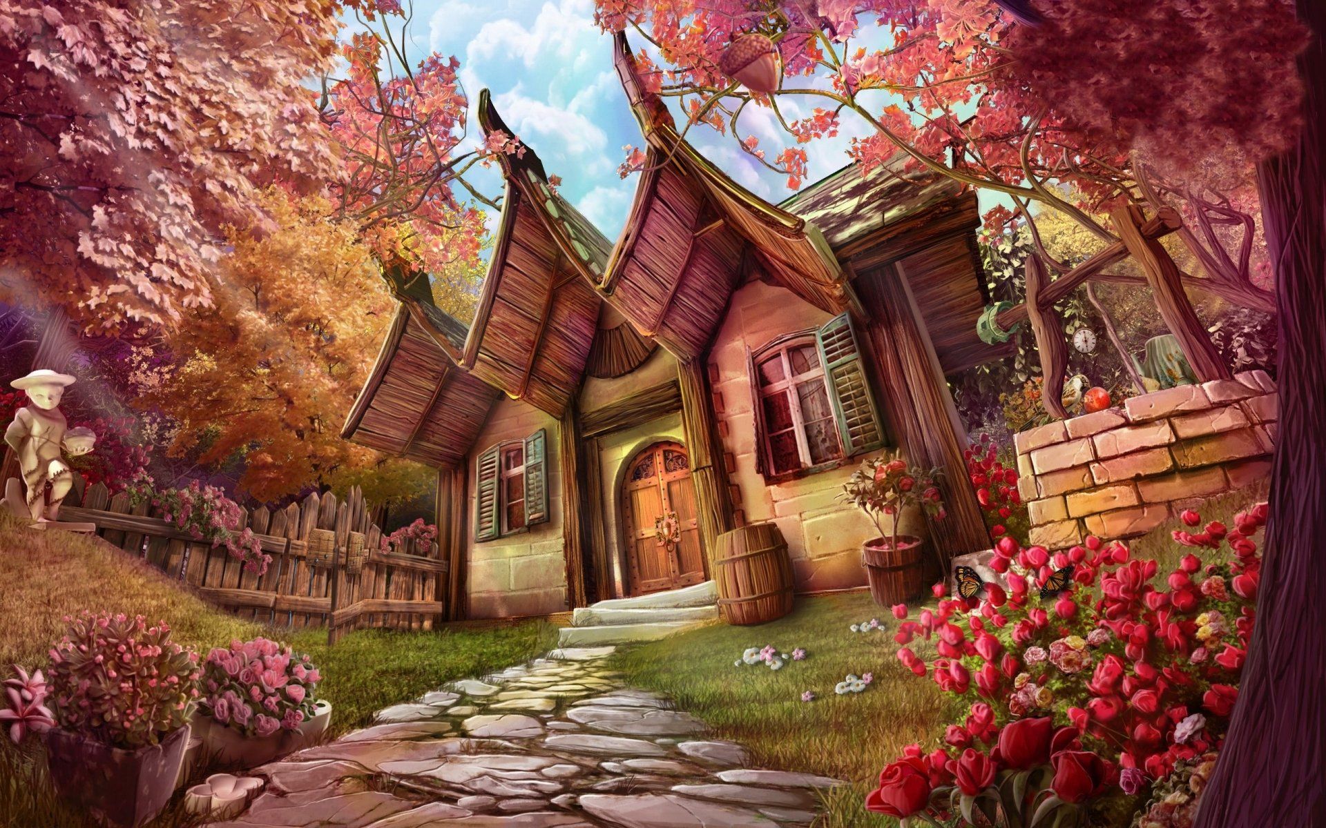 1920x1200 Enchanted Pathway: A HD Wallpaper of Fantasy Flowers and a Charming House