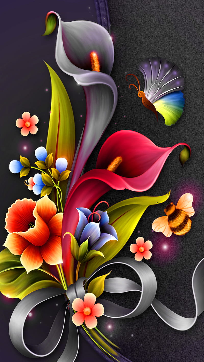800x1422 Flower Fantasy, abstract, art, bee, butterly, colorful, desenho, flowers, HD phone wallpaper