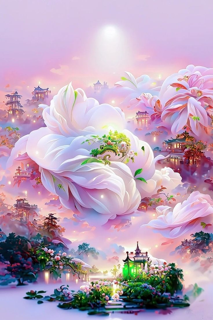 736x1106 Dreamy Nature Painting with Floating Flowers. Fantasy flower landscape, Fantasy flower wallpaper, Mystical flower landscape