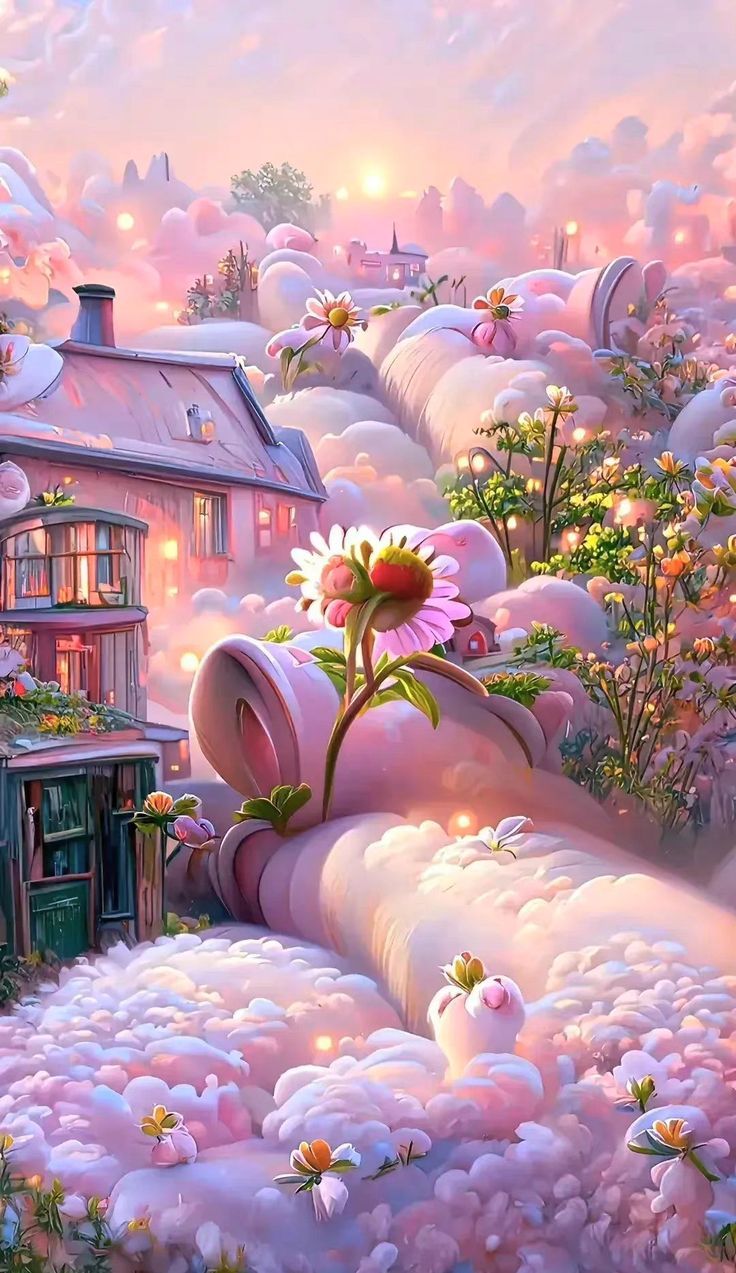 736x1273 Pink House with Flowers Landscape Wallpaper. Dreamy home decor ideas, Floral fantasy scene, Inspiration