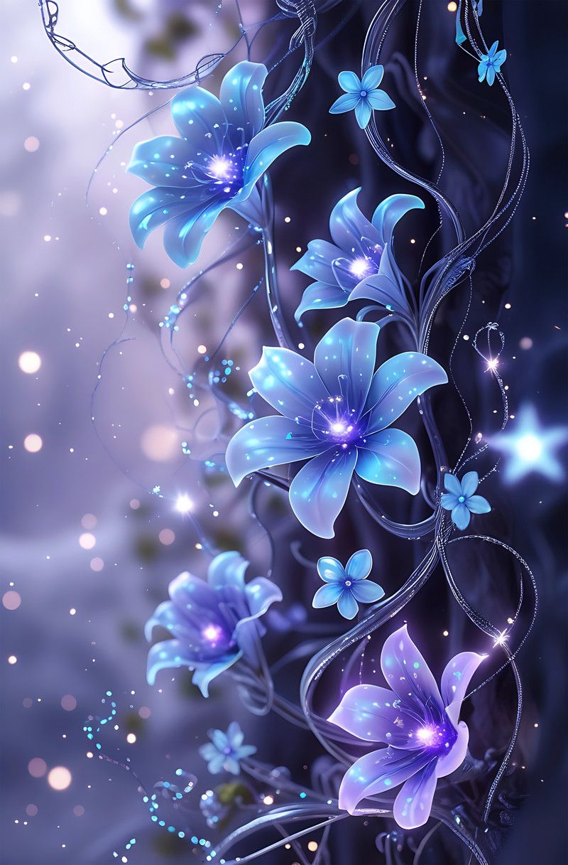 800x1217 Mystical Blue Fantasy Flowers Background With Glowing Light Effects Background. JPG Free Download