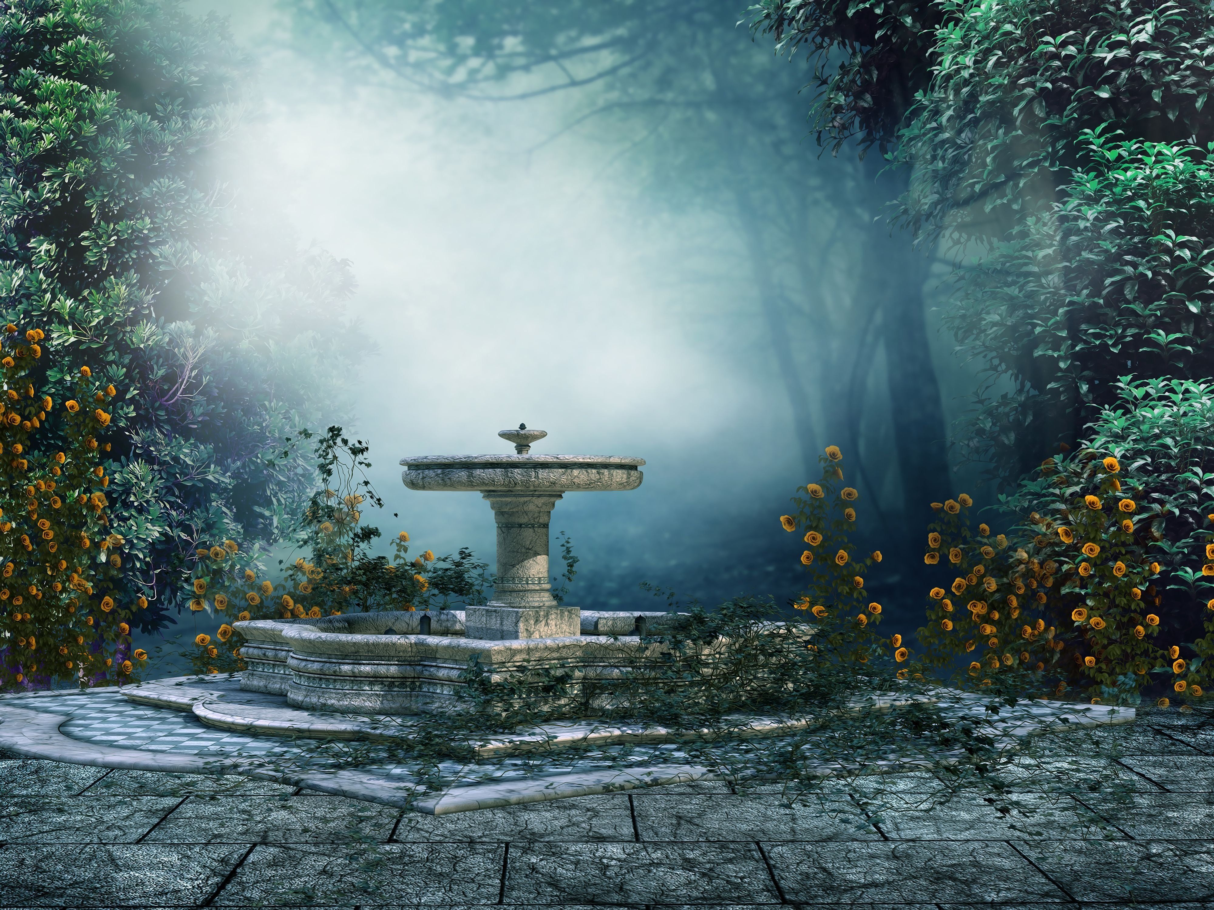 4000x3000 fountain, Forest, Flower, Fantasy Wallpaper HD / Desktop and Mobile Background