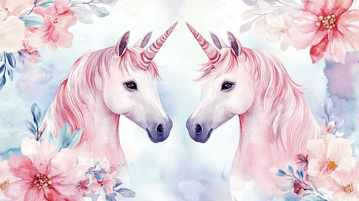 1214x680 Unicorn Mural Wallpaper. Watercolor Pink Floral Fantasy