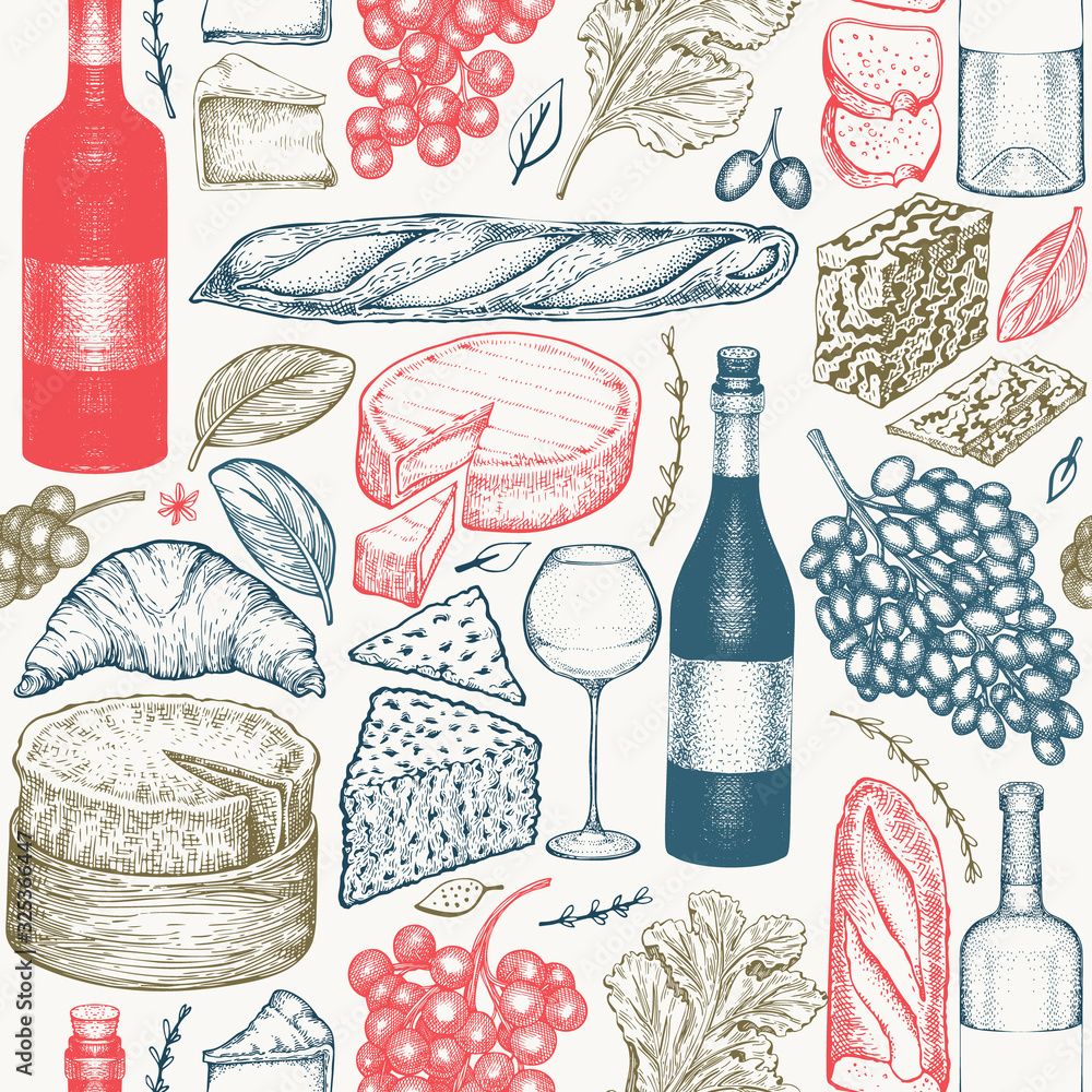 1000x1000 French food illustration seamless pattern. Hand drawn vector picnic meal illustrations. Engraved style different snack and wine design. Vintage food background. Stock Vector