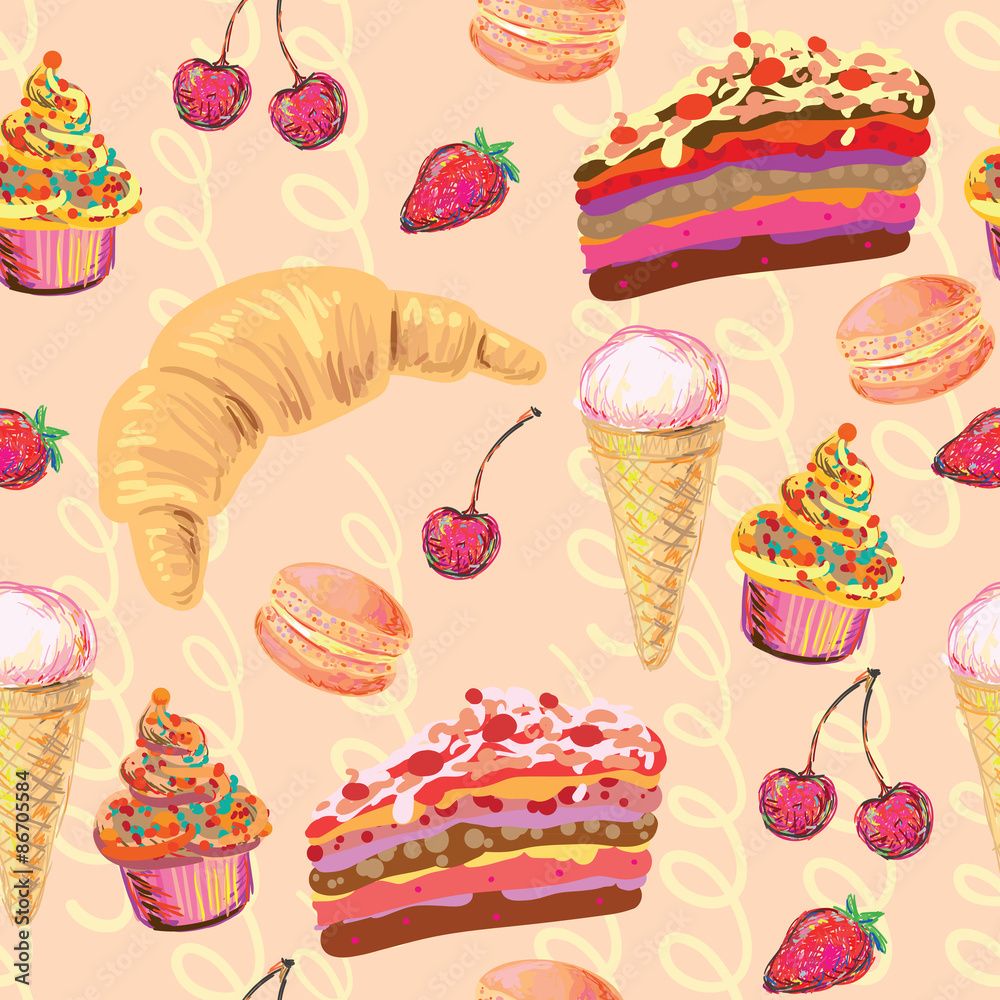 1000x1000 Vettoriale stock di Seamless Paris French food vector pattern with cake, croissant, ice cream, cupcakes, macaroon, cherry and strawberry. Perfect for wallpaper, pattern fill, web page background, surface texture, textile