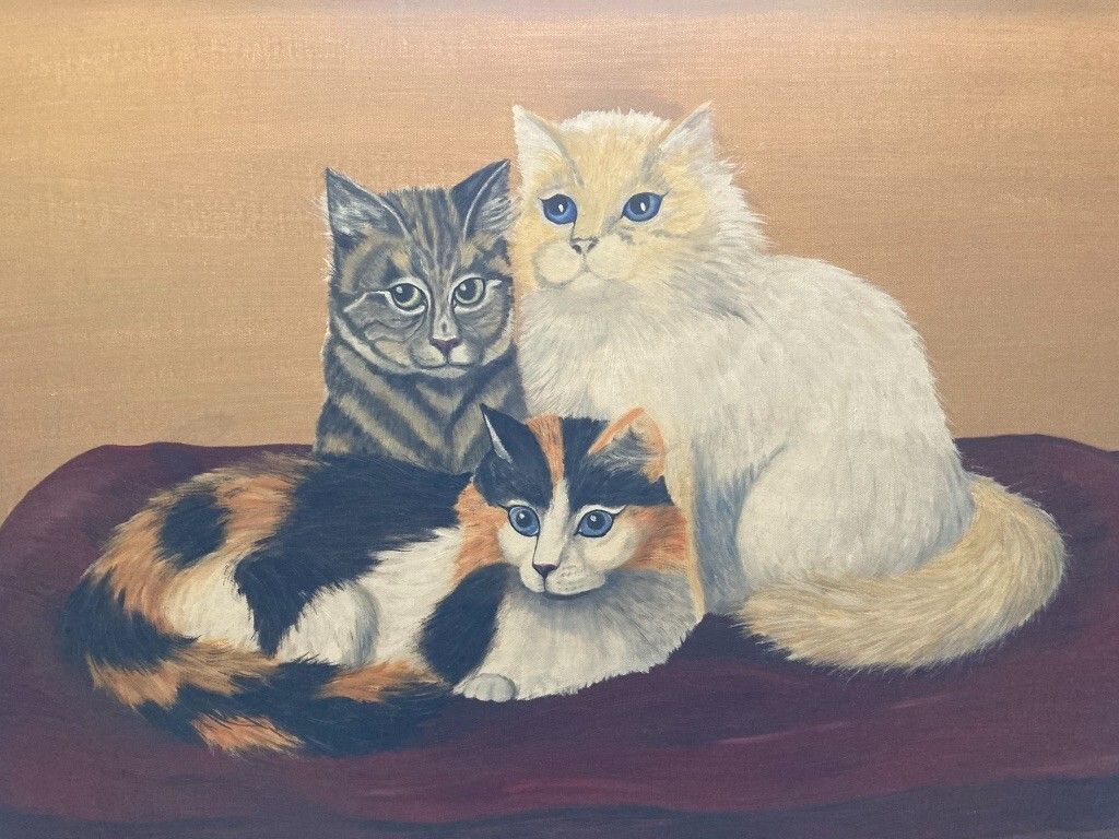 1024x768 Vintage Painting Three Cats Calico White Tabby Portrait Alex Katz style