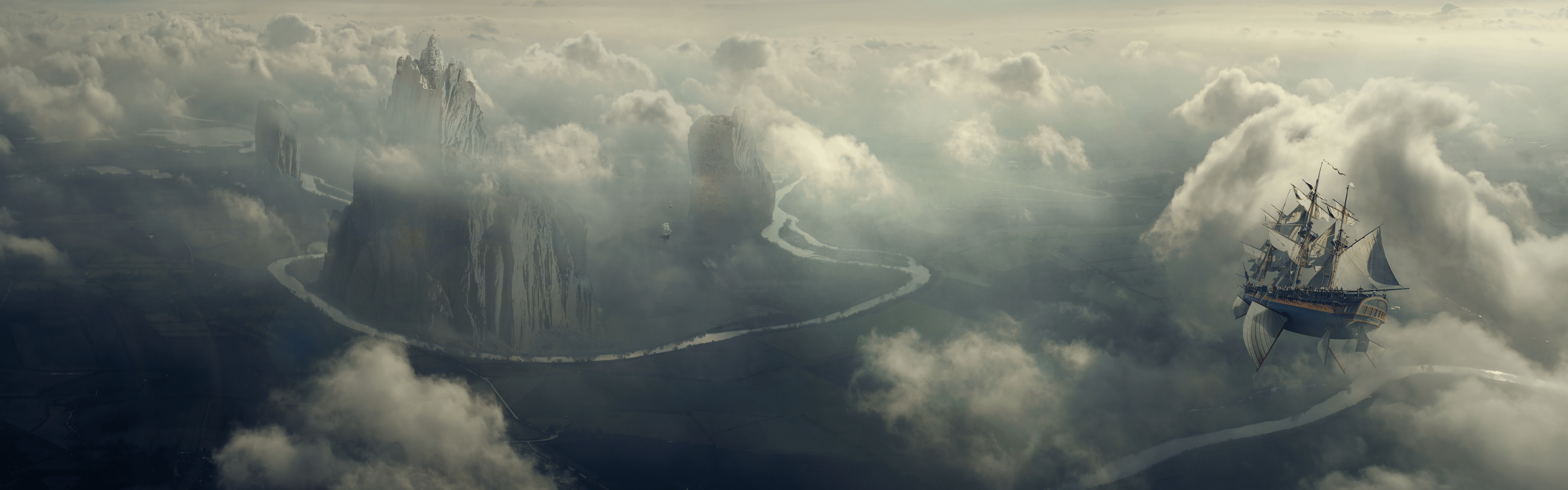 3840x1200 multi, Monitor, Dual, Screen, Fantasy, Art, Ships, Landscapes, Castles, Clouds Wallpaper HD / Desktop and Mobile Background