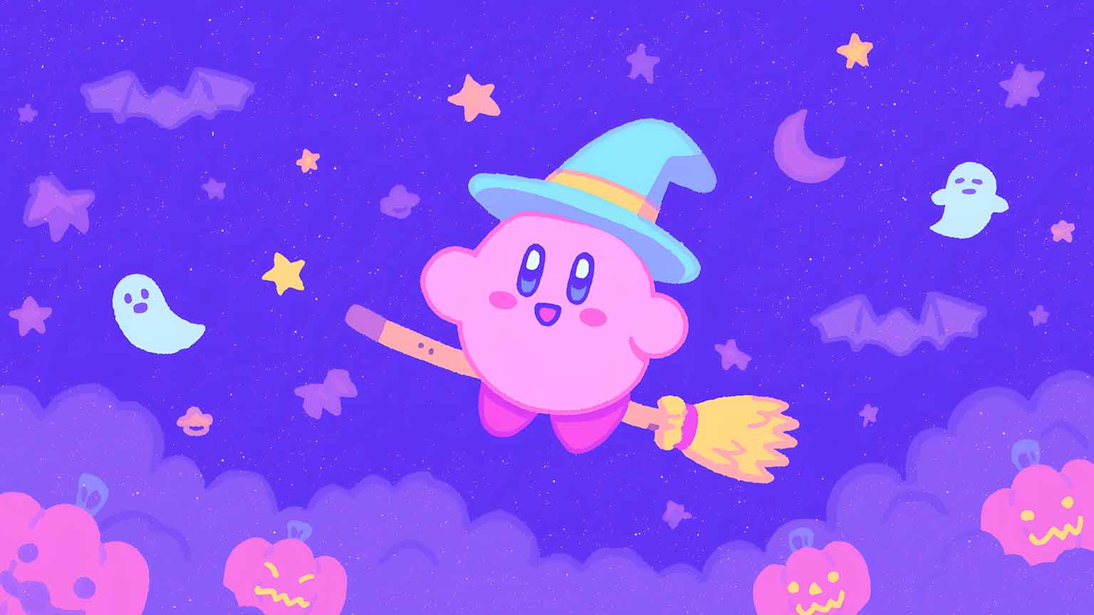 1536x864 Kirby Chibi Flying with Ghosts Pumpkins Desktop Wallpaper 4k
