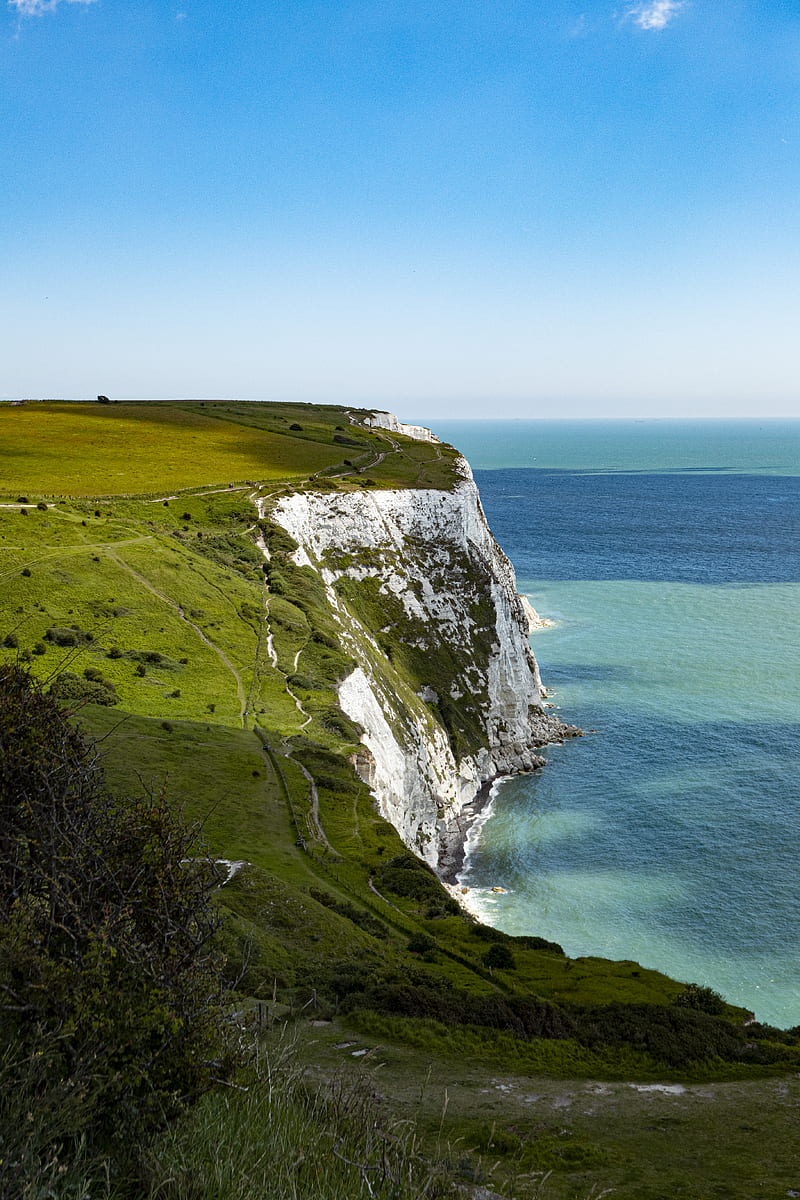 800x1200 Beautiful white cliffs on a beach, beach, house, cliffs, grass, clouds, sea, HD wallpaper