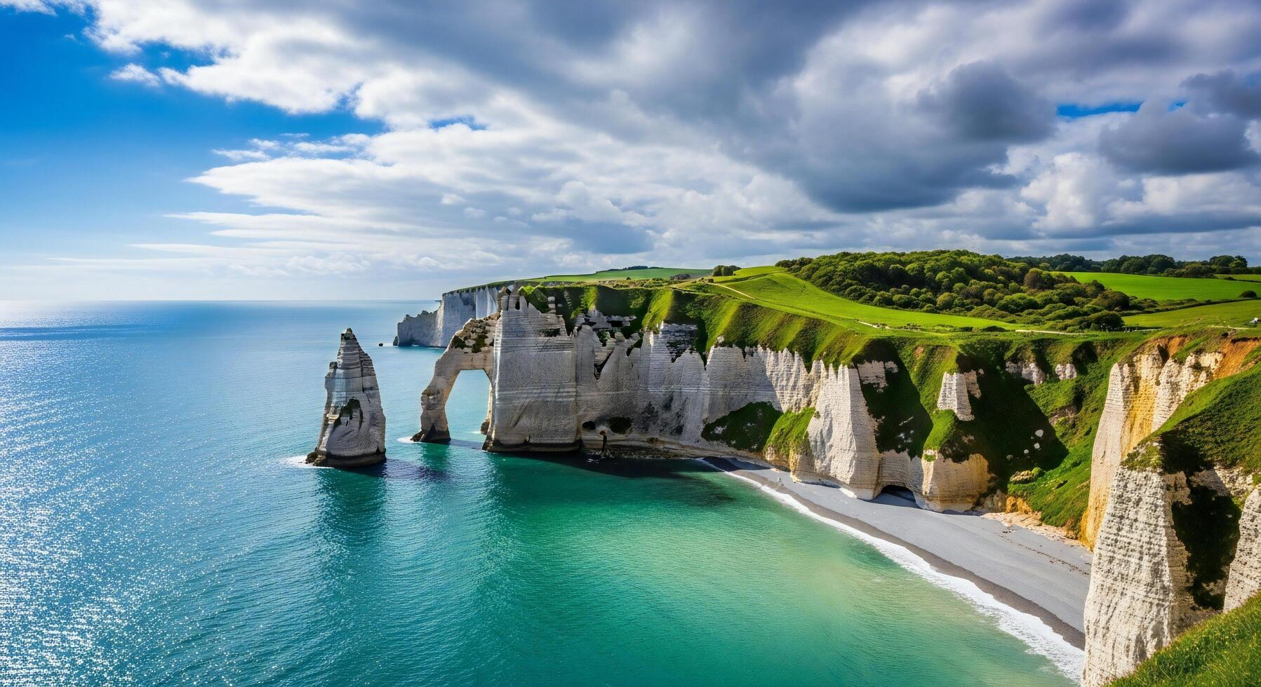 1797x980 Nature background, Nature wallpaper, Craggy white cliffs with an arch green hills and turquoise ocean waves under a cloudy sky