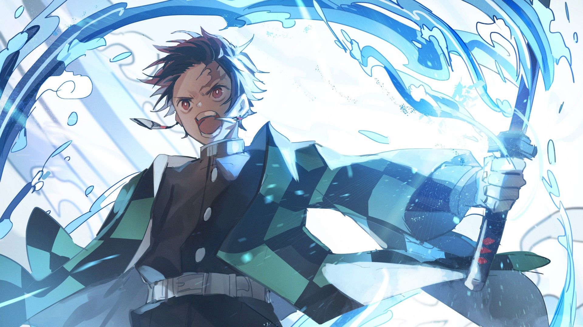 1920x1080 Demon Slayer Tanjirou Kamado Angry With Weapon With Background Of Blue And White Abstract 4K HD Anime Wallpaper