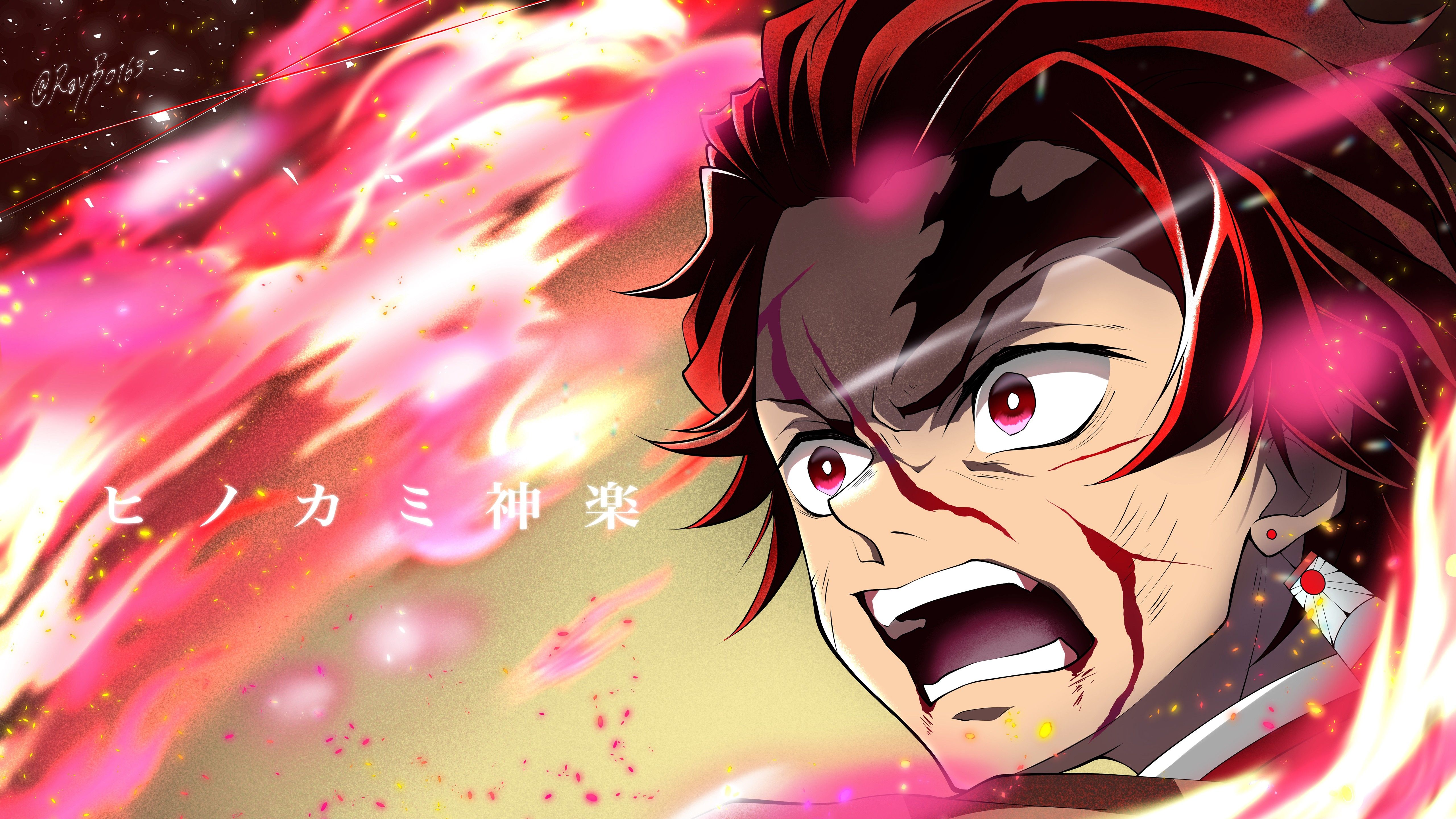 5120x2880 Demon Slayer Angry Tanjiro Kamado With Background Of Pink 4K 5K HD Anime Wallpaper