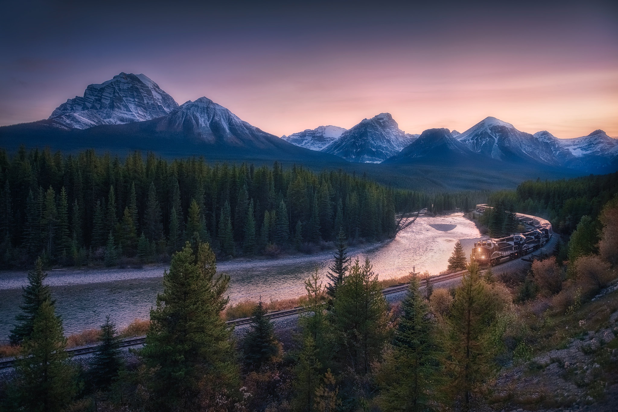 2048x1365 Wallpaper forest, trees, mountains, river, train, Canada, railroad, Albert for mobile and desktop, section пейзажи, resolution 2048x1365
