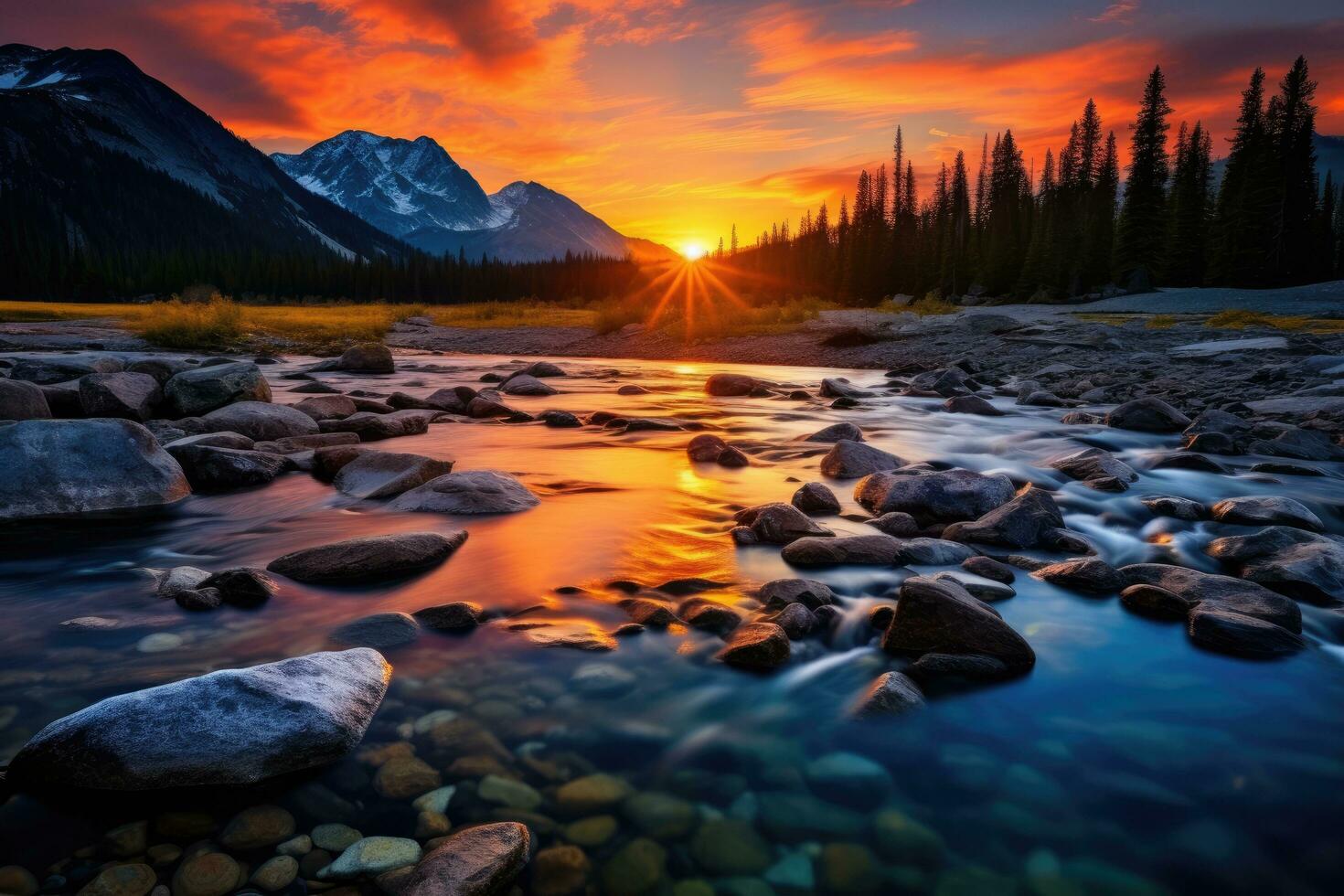 1470x980 AI generated Sunset over the Bow River, Banff National Park, Canada, Clear river with rocks leading towards mountains lit by sunset, AI Generated