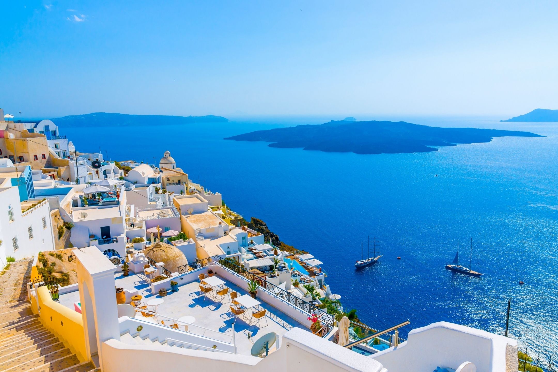 2160x1440 Phone wallpaper: Man Made, Santorini, Greece, Sunshine, Island, Towns 1130970