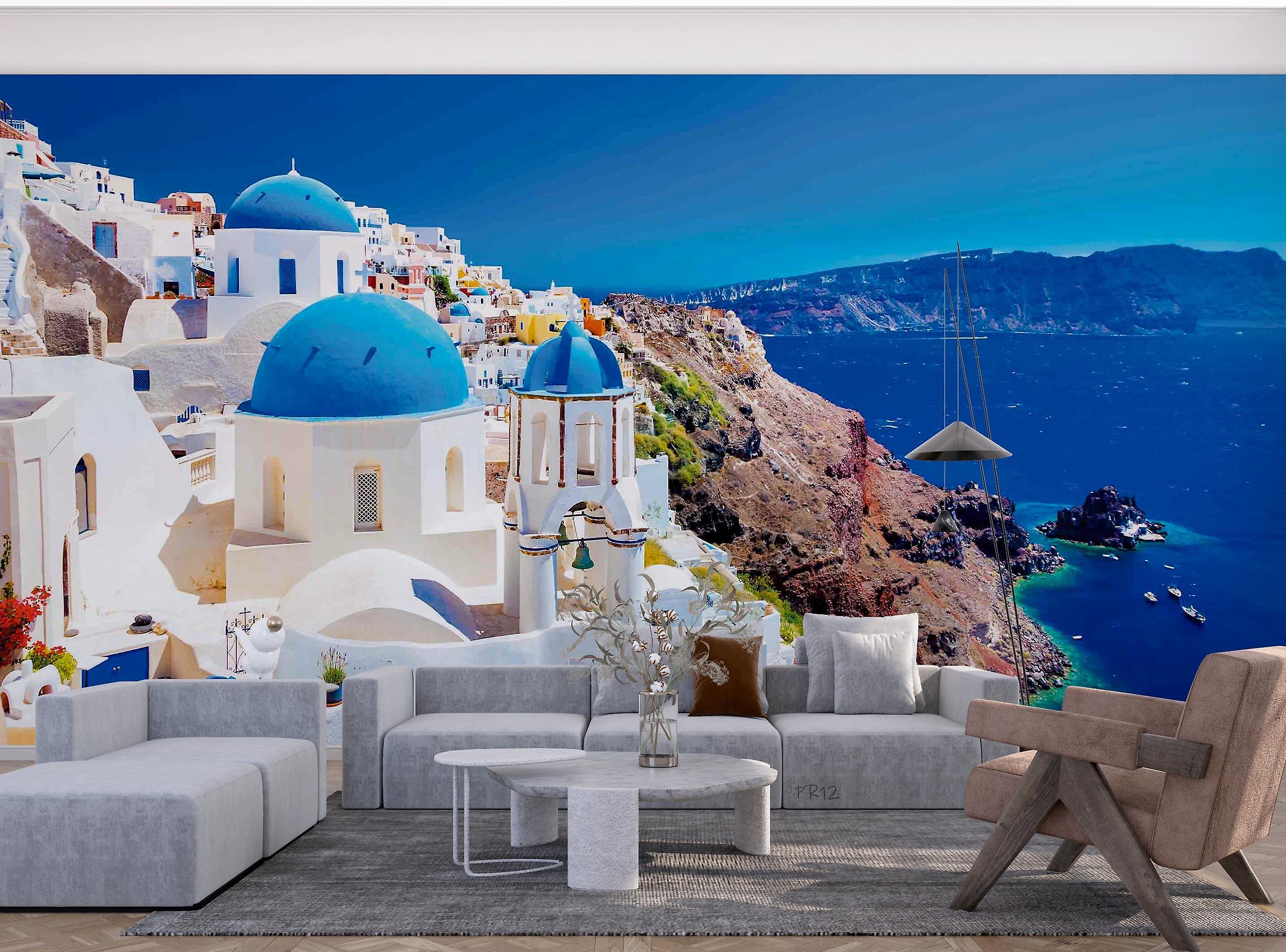 2700x2000 3D Santorini Greece Island Oia Caldera Blue Dome Church Wall Mural Wallpaper