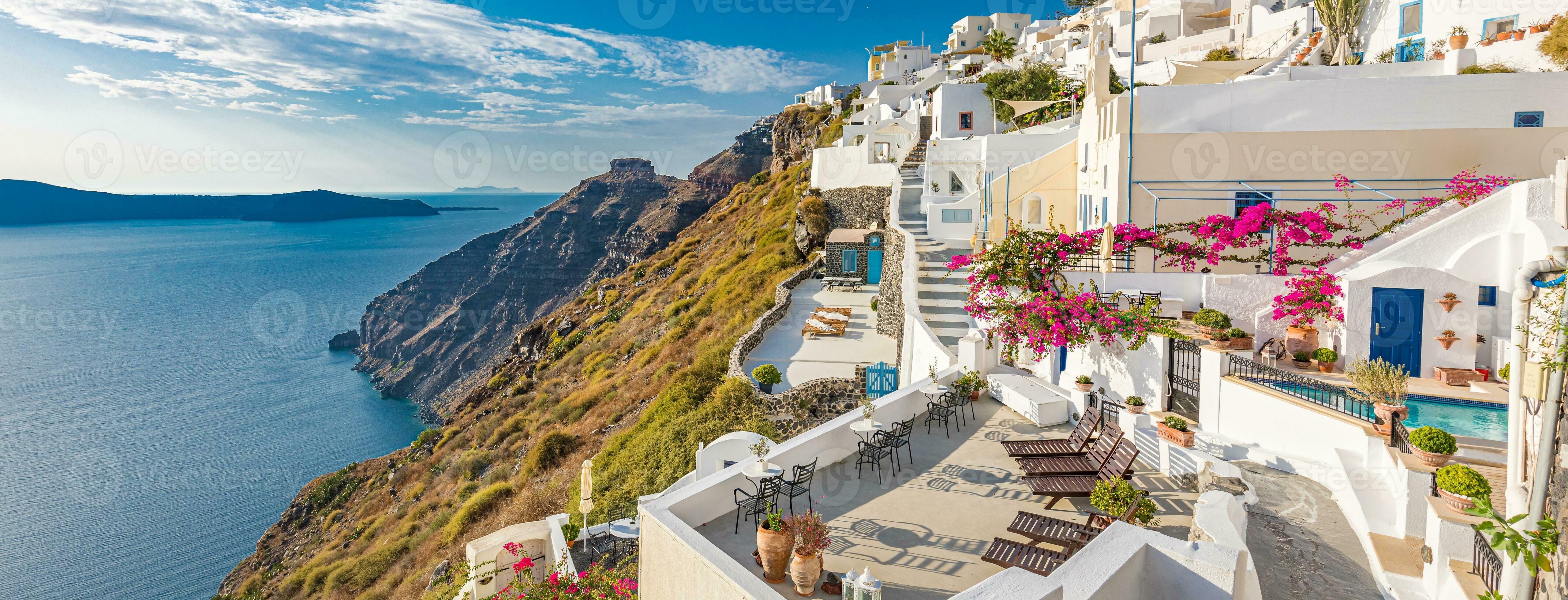 5123x1960 Amazing evening view of Santorini island. Panorama of summer sunset on the famous Greek resort Fira, Greece, Europe. Luxury travel concept background. Summer vacation or holiday, fantastic scene 30743789