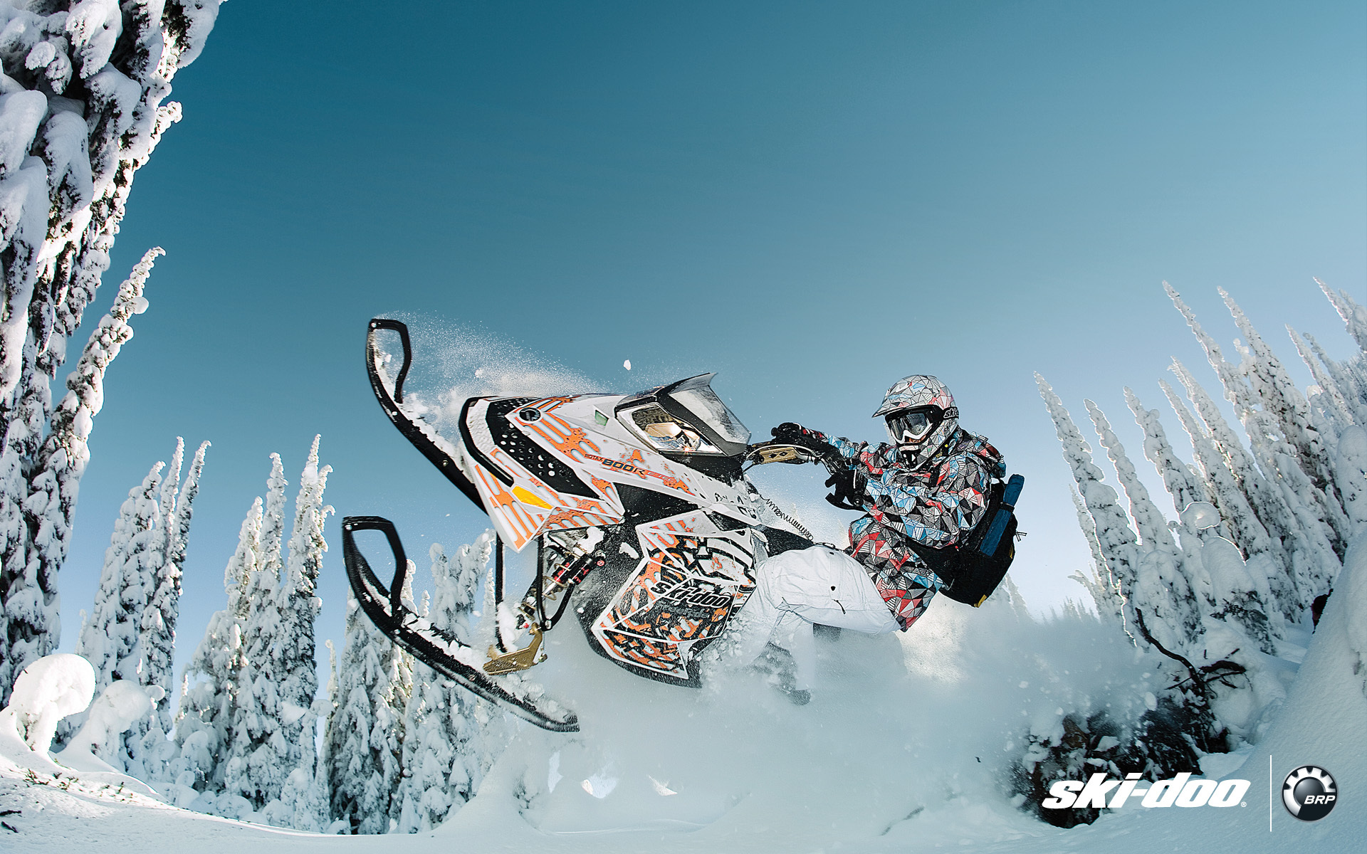 1920x1200 Wallpaper forest, snow, jump, sport, snow, snowmobile, freeride for mobile and desktop, section спорт, resolution 1920x1200