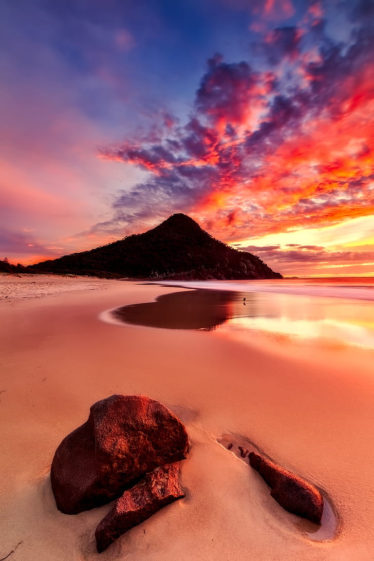 728x1092 Royalty Free Photo: Shore Near Silhouette Of Mountain At Golden Hour