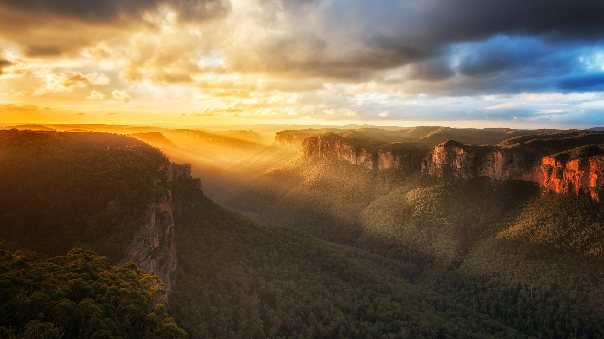 1920x1080 Wallpaper sunset, mountains, Australia, canyon, Blue Mountains National Park, National Park blue mountains for mobile and desktop, section пейзажи, resolution 1920x1080