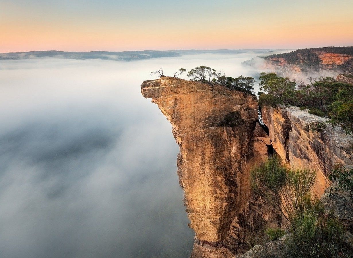 1230x900 nature, Landscape, Sunrise, Rock, Cliff, Mist, Shrubs, Sunlight, Australia Wallpaper HD / Desktop and Mobile Background