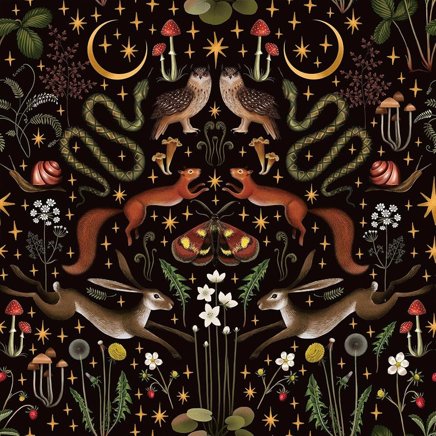 894x894 LaCheery 17.5x276 Dark Moody Forest Animal Peel and Stick Wallpaper Kids Woodland Wallpaper Nursery Bunny Snail Botanical Wildflower Mural Wall Paper Black Removable Contact Paper for Bathroom Walls