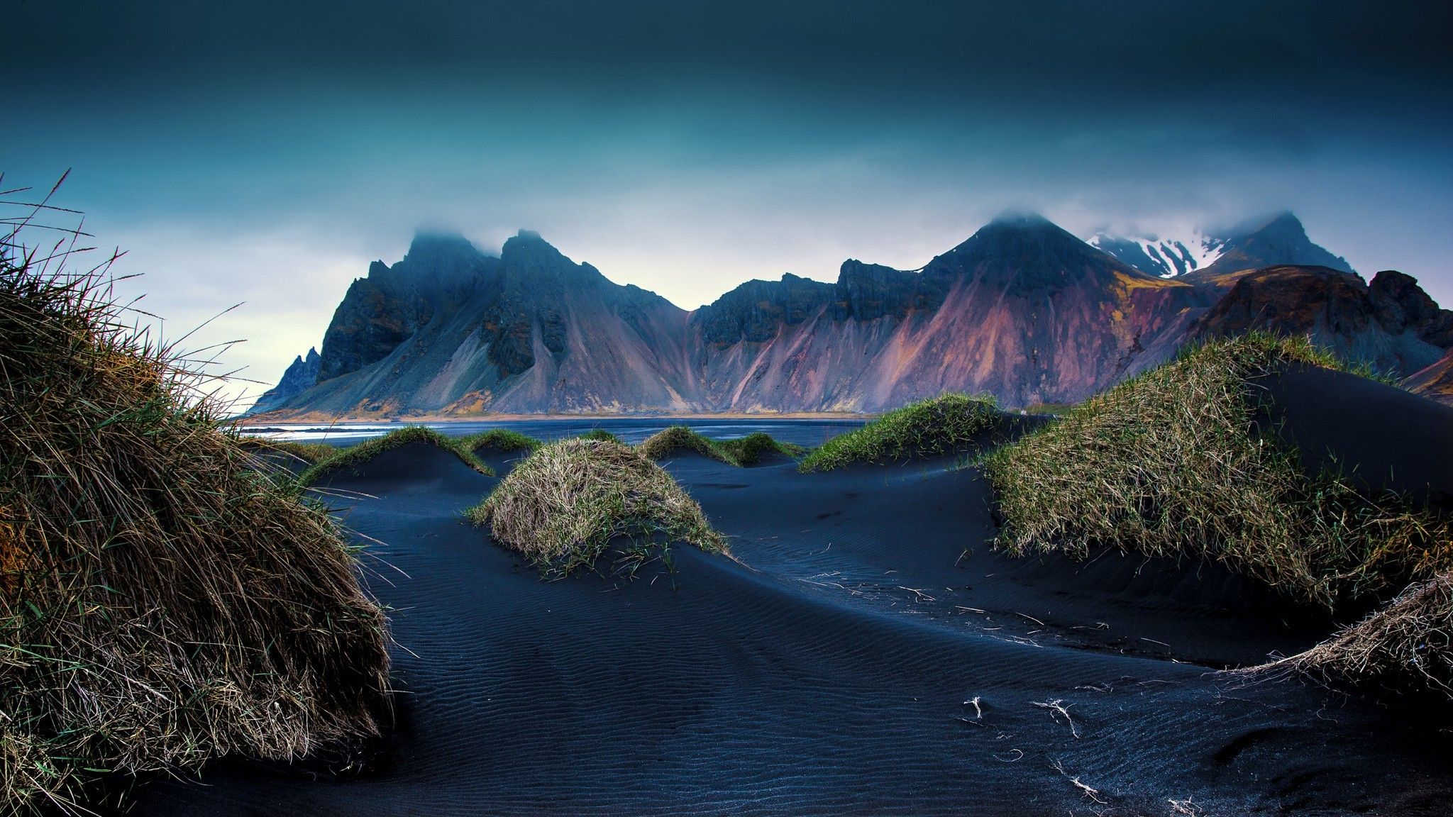 2048x1152 mountain, Beach, Black, Sand, Dune, Iceland, Cliff, Grass, Clouds, Landscape, Nature Wallpaper HD / Desktop and Mobile Background