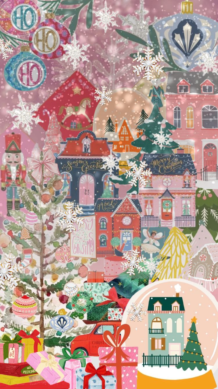 750x1333 Snowy Christmas Village Pastel Collage Wallpaper for iPhone