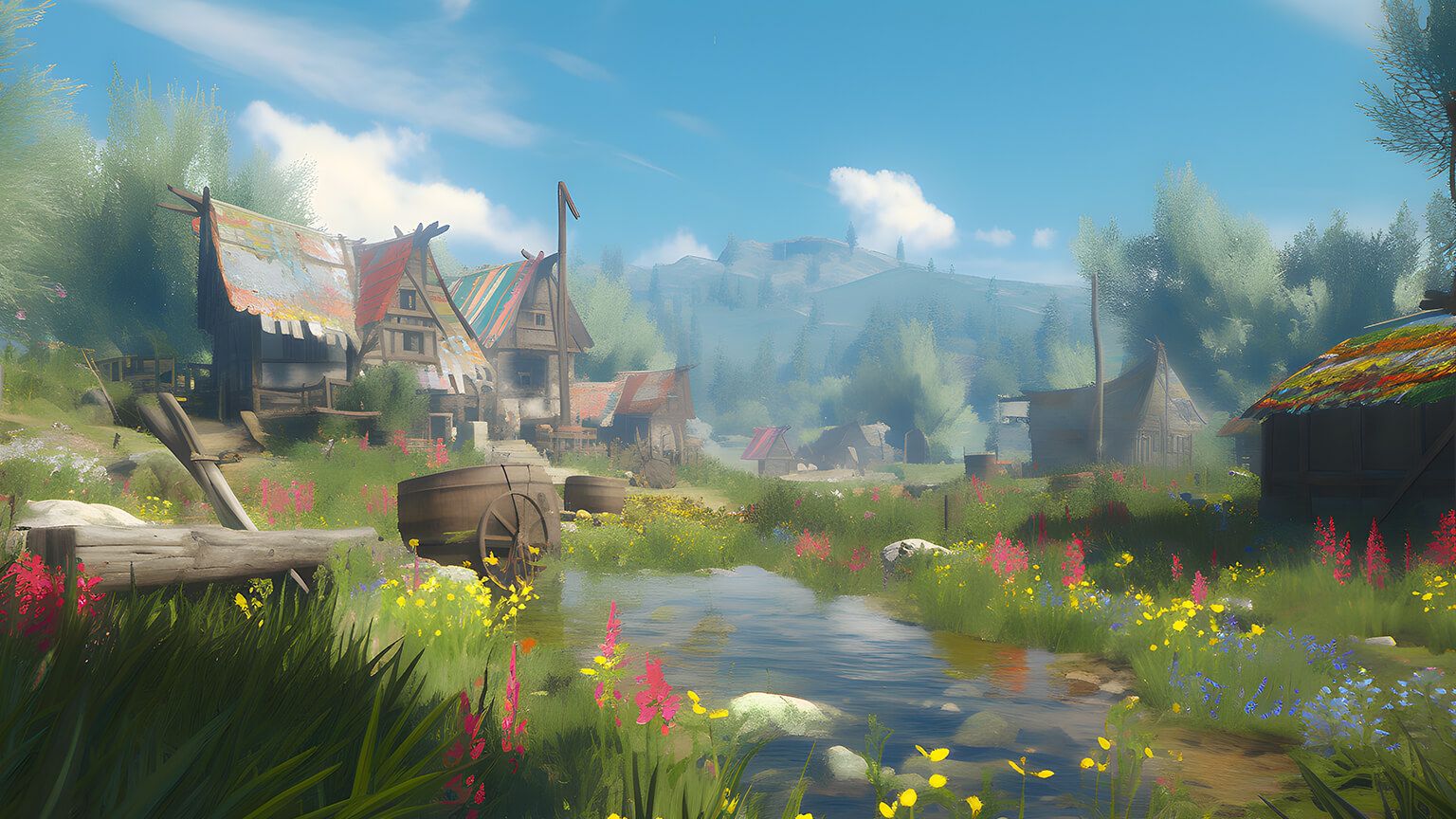 1536x864 Witcher Aesthetic Village Landscape Desktop Wallpaper in 4K