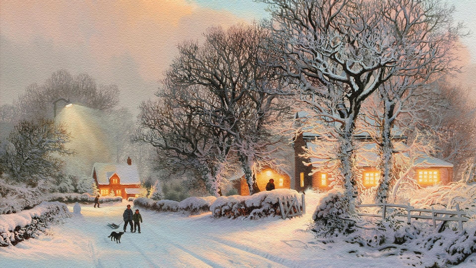 1920x1080 Village In Winter Painting Winter Theme Desktop Wallpaper