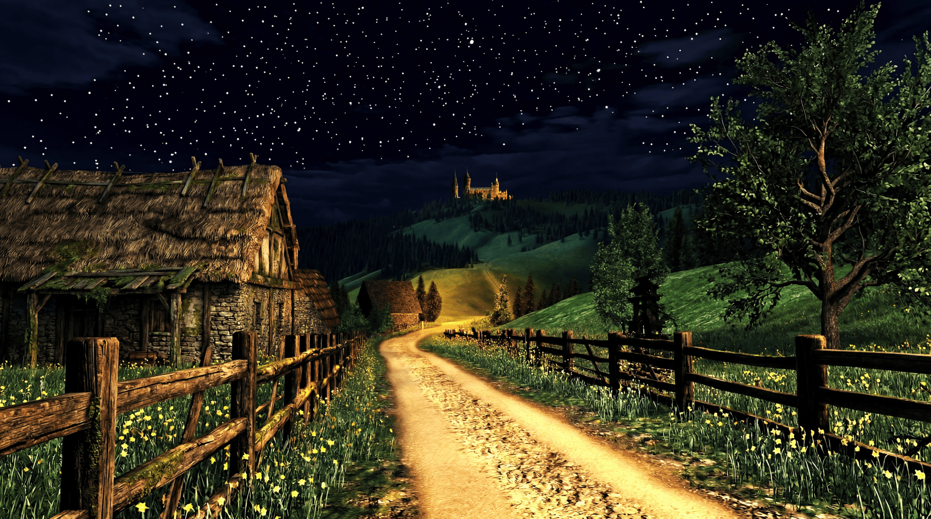 1920x1072 ps1core ps2core medieval hillside village forest and meadow under the nightsky video game aesthetic