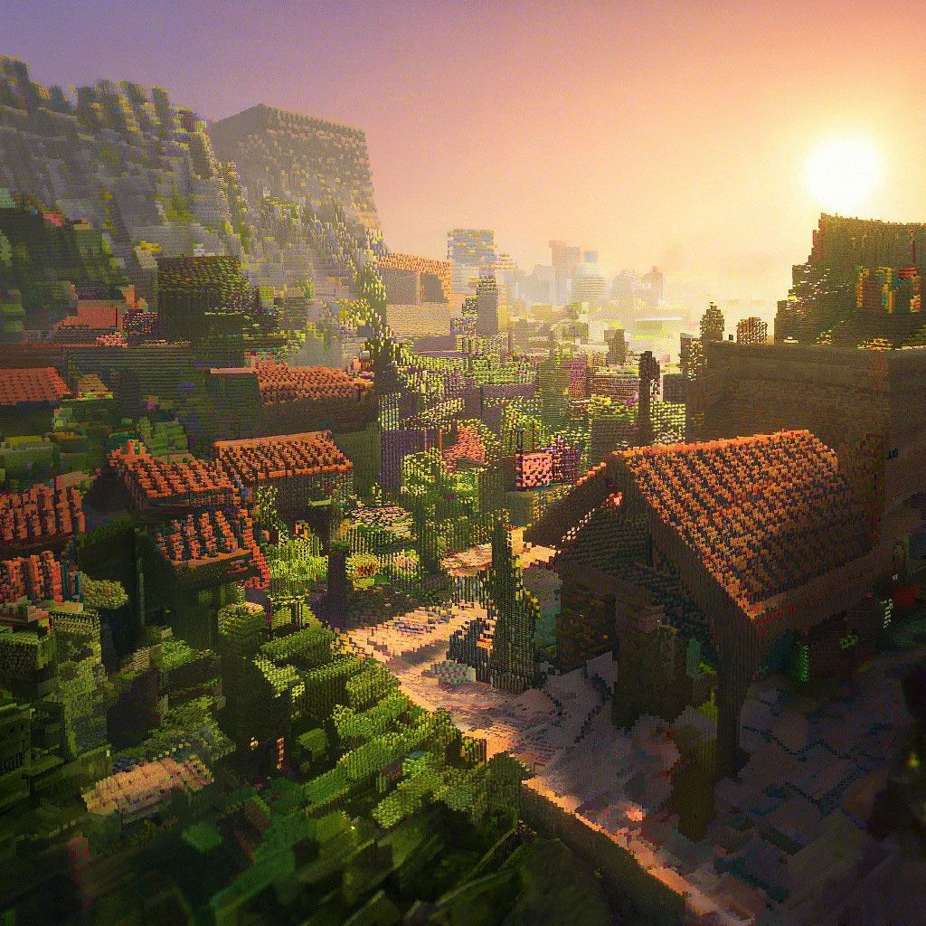 1024x1024 In the style of minecraft, 4k resolution, aesthetic rays in the village