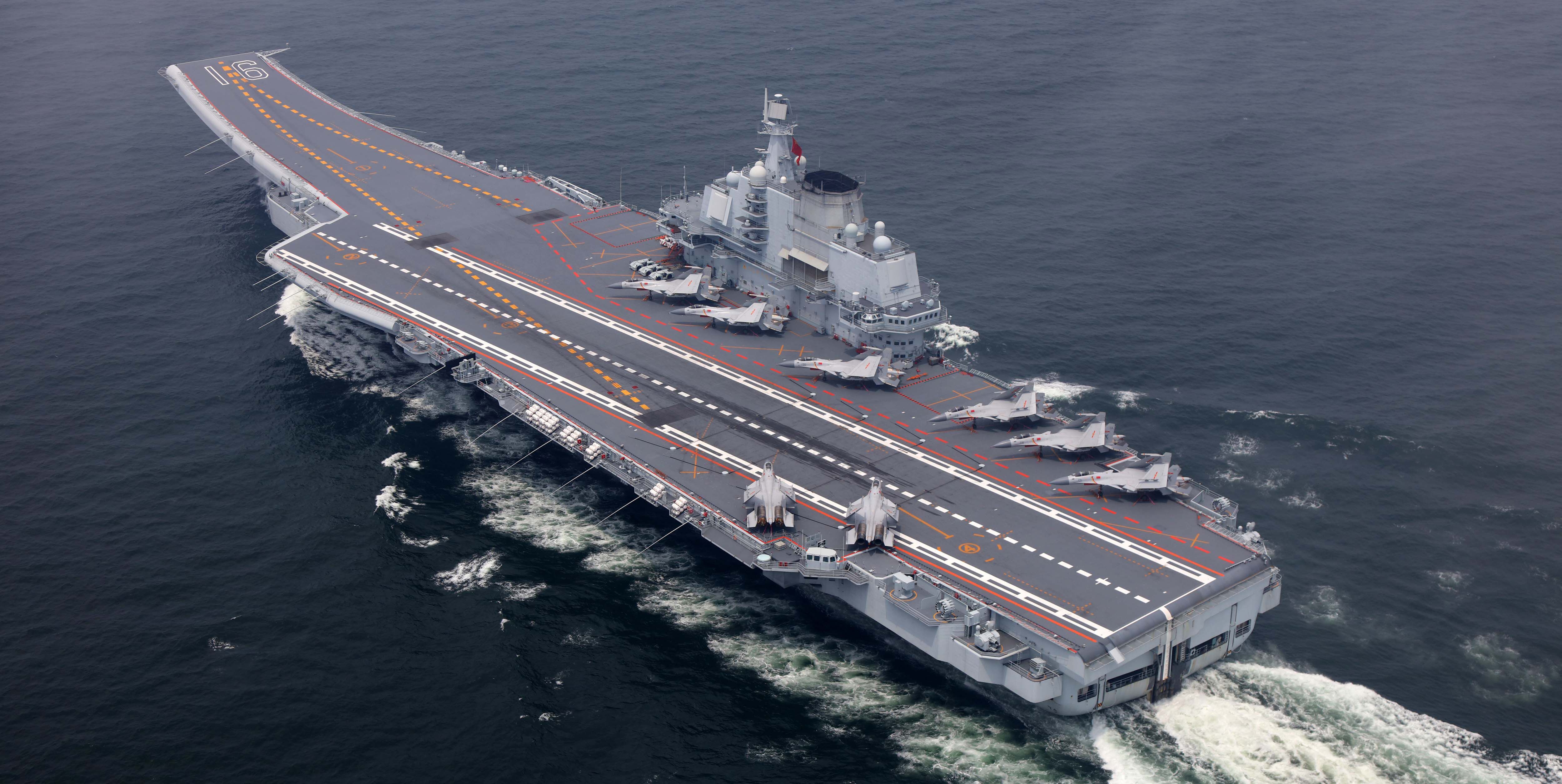 5000x2510 Wallpaper wave, the carrier, deck, the plane, THE CHINESE NAVY, Shenyang J- Liaoning (16) for mobile and desktop, section оружие, resolution 5000x2510