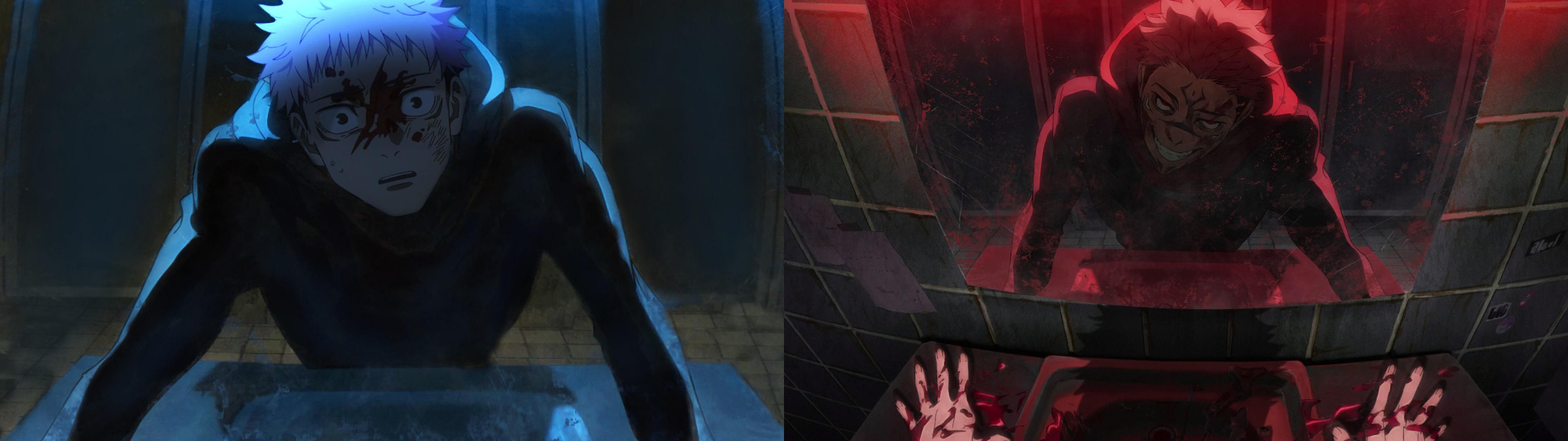 3840x1080 Dual monitor Yuji\Sukuna wallpaper of that one frame from Season 3 opening
