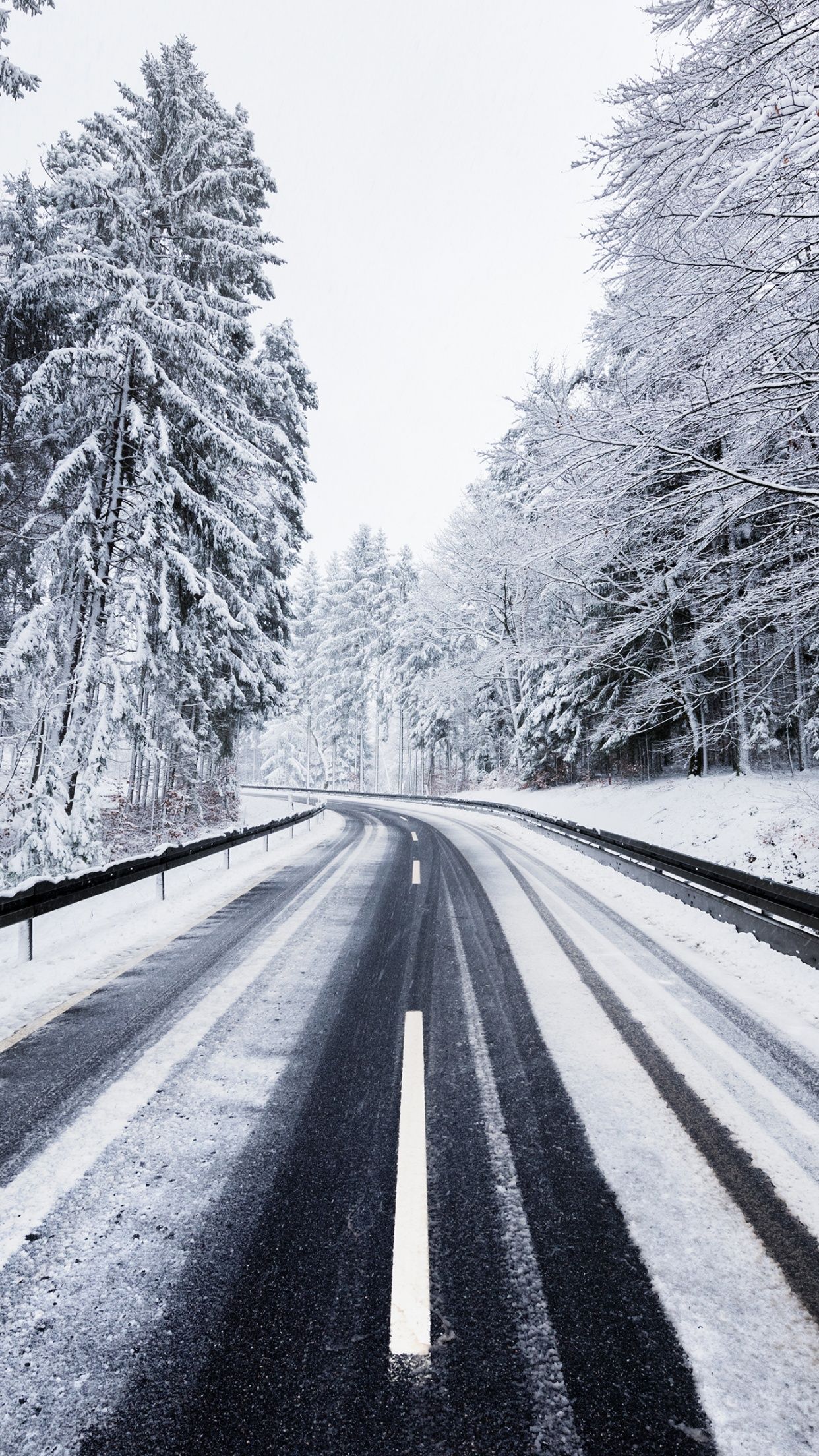1242x2208 Winter Wallpaper 4K, Road, Forest, Snow covered, Trees