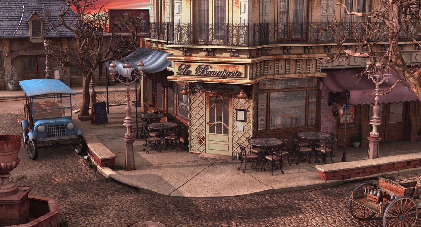 1400x756 Wallpaper Art: French Bistro at Sunset
