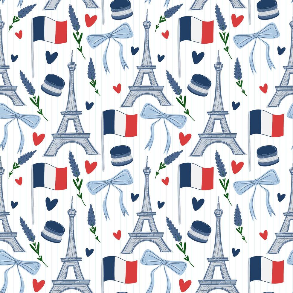 980x980 Paris seamless pattern with Eiffel Tower, lavender and French macarons. Hand drawn illustration of France travel landmarks, flags and romantic hearts on white background