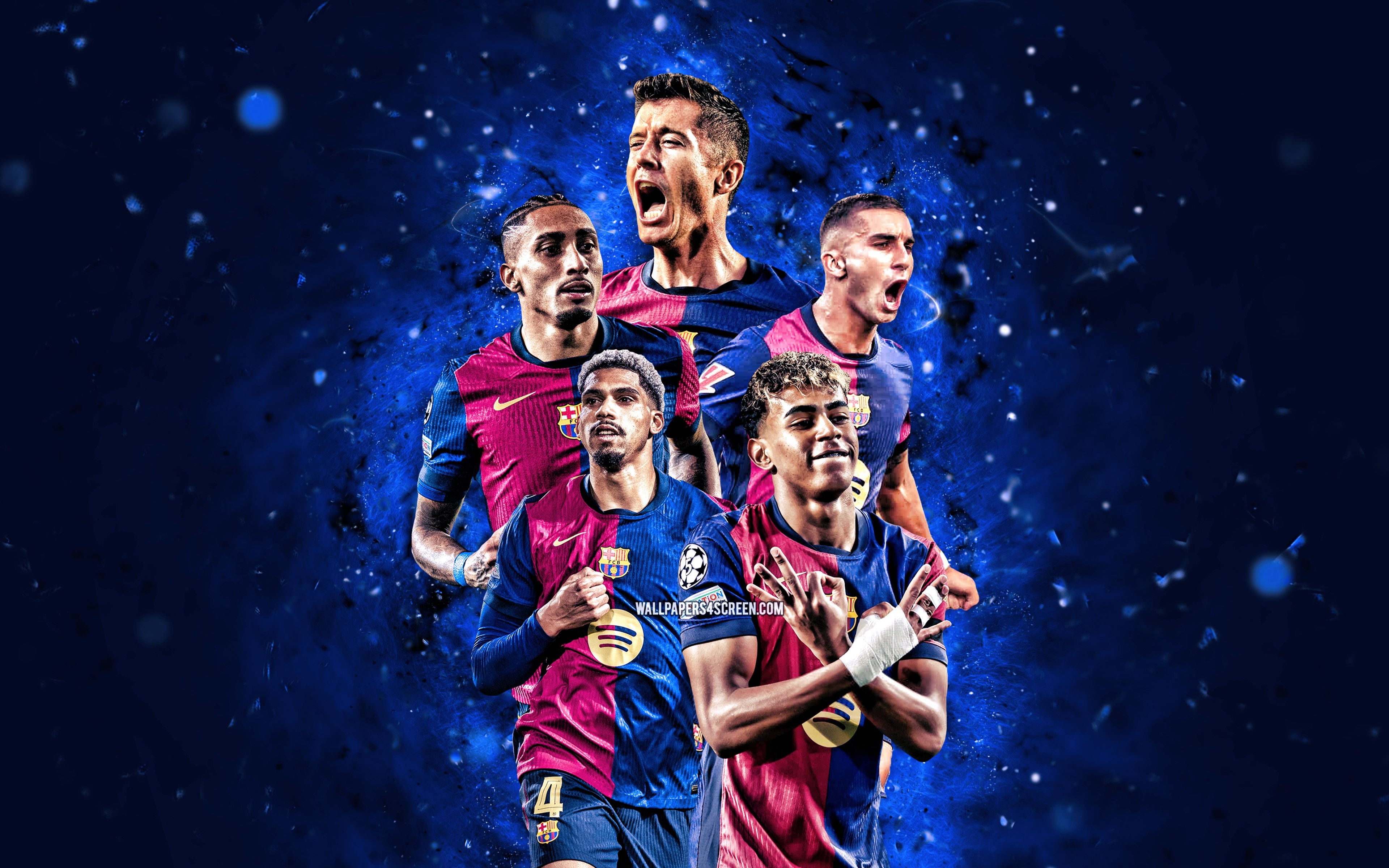 3840x2400 Wallpaper football, soccer, FCB, FC Barcelona, Barca, Robert Lewandowski, Lamine Yamal, Raphinha Dias for mobile and desktop, section спорт, resolution 3840x2400