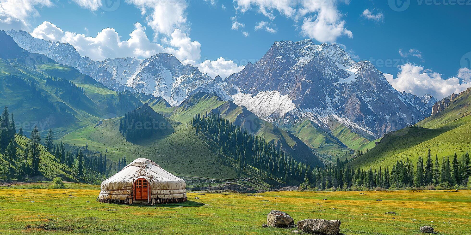 1960x980 traditional Asian nomadic yurt in a field in the highlands against background of mountains in summer